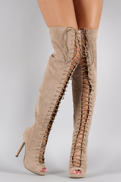 Liliana Peep Toe Lace Up Stiletto Thigh High Boot – BBooi