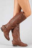 Breckelle Double Buckle Contrast Zipper Riding Knee High Boot