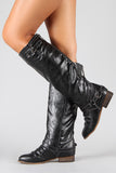 Breckelle Double Buckle Ruched Round Toe Riding Knee High Boot