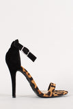 Anne Michelle Leopard Suede Ankle Strap Open Toe Heel