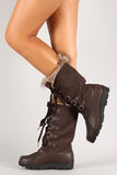 Faux Fur Round Toe Lace Up Mid Calf Boots