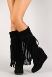 Suede Fringe Knee High Wedge Boot