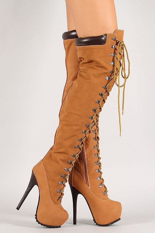 Almond Toe Lace Up Thigh High Stiletto Platform Boot – BBooi