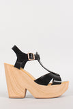 T-Strap Open Toe Buckle Faux Wood Heel