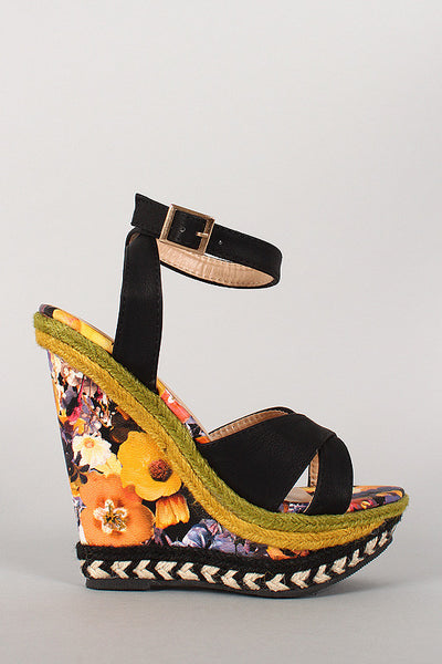 Floral Print Criss Cross Open Toe Espadrille Platform Wedge