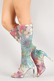 Tropical Floral Mesh Peep Toe Stiletto Boot