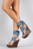 Bamboo Denim Leg Wrap Perforated Platform Wedge