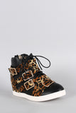 Leopard Multi Buckle Strap High Top Wedge Sneaker