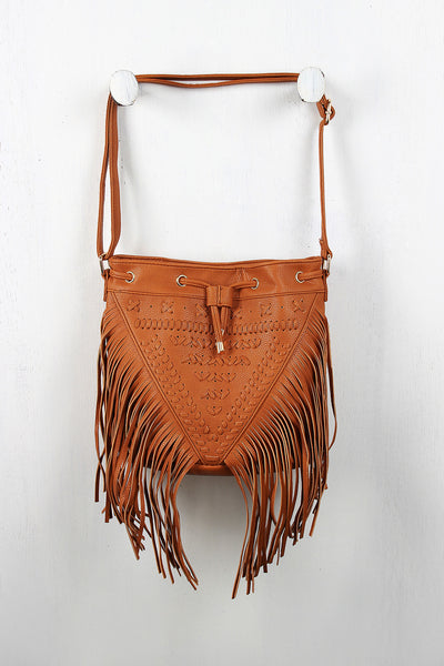 Woven Leatherette Fringe Bag