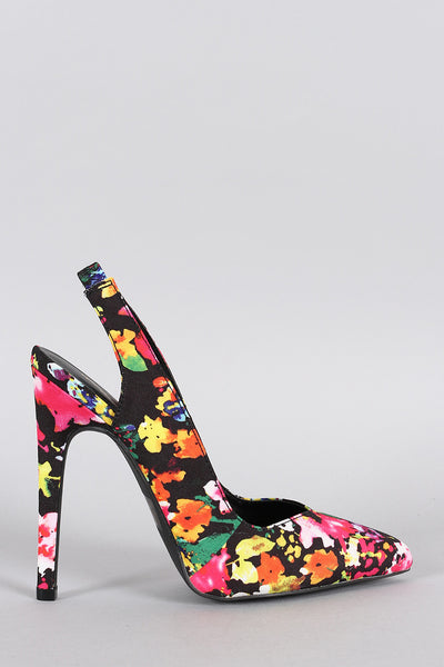 Qupid Floral Pointy Toe Slingback Pump