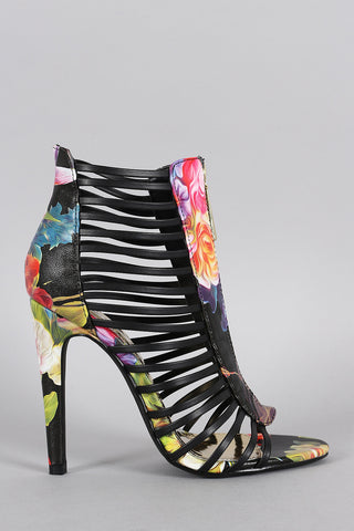 Liliana Floral Zipper Caged Open Toe Heel