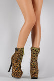 Leopard Lace Up Lug Sole Platform Heeled Combat Ankle Boots