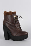 Qupid Sweater Cuff Lace Up Lug Sole Contrast Platform Heeled Combat Ankle Boots