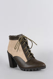 Qupid Two Tone Pointy Toe Lace Up Heeled Combat Ankle Boots