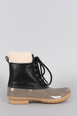 Faux Shearling Cuff Lace Up Duck Ankle Boots