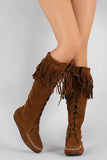 Suede Fringe Moccasin Lace Up Knee High Flat Boot