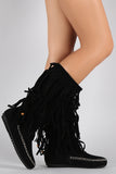 Suede Triple Fringe Round Toe Moccasin Mid Calf Flat Boot