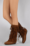 Suede Triple Fringe Round Toe Moccasin Mid Calf Flat Boot