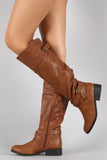 Qupid Buckle Round Toe Riding Knee High Boot