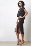 Suede Fringe Short Sleeve Crop Top