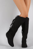 Qupid Suede Back Fringe Asymmetrical Round Toe Knee High Boot