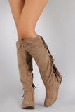 Qupid Suede Back Fringe Asymmetrical Round Toe Knee High Boot