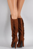 Qupid Suede Asymmetrical Fringe Pointy Toe Heeled Knee High Boot