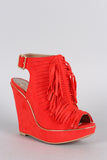 Qupid Suede Slit Fringe Peep Toe Slingback Mule Wedge