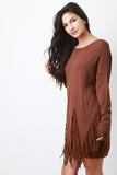 Suede Fringe Long Sleeves Sweater Dress