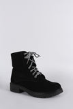 Bamboo Shearling Cuff Round Toe Lace Up Combat Work Ankle Boots