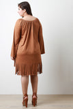 Bohemian Suede Long Sleeve Fringe Accents Mini Dress