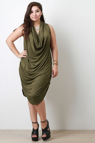 Ruched Cowl Neck Sleeveless Midi Dress