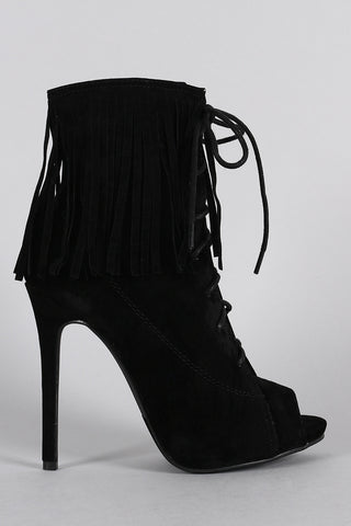 Liliana Fringe Cuff Corset Laces Peep Toe Booties