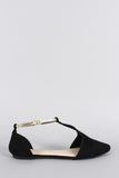 Bamboo Suede Contrast Metallic Ankle Strap Pointy Toe Flat