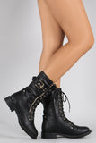 Zipper Buckle Round Toe Combat Lace Up Mid Calf Boot