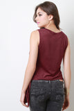 Vegan Suede Sleeveless Plunging Armholes Side Fringe Top