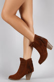 Suede Fringe Ruched Round Toe Heeled Western Ankle Boots