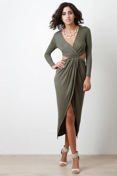 Jersey Knit Surplice Long Sleeves Open Back Midi Dress