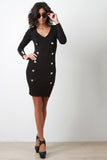 Button V-Neck Long Sleeve Dress