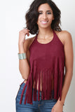 Suede Fringe Open Back Halter Sleeveless Top