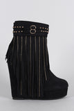 Suede Studded Fringe Round Toe Platform Wedge Booties