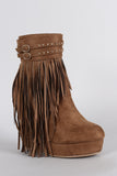 Suede Studded Fringe Round Toe Platform Wedge Booties