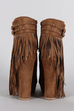 Suede Studded Fringe Round Toe Platform Wedge Booties