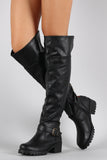 Bamboo Fold Over Cuff Contrast Zipper Studded Riding Knee High Boot