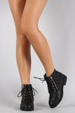 Quilted Zipper Trim Round Toe Lace Up Combat Ankle Boots