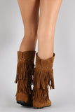 Suede Studded Layered Fringe Round Toe Knee High Boot