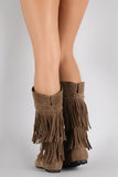 Suede Studded Layered Fringe Round Toe Knee High Boot