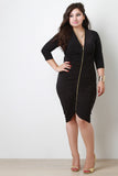 Ruched Zipper Quarter Sleeves Midi Dress