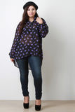 Horse Print Collar Button Up Long Cuff Sleeves High Low Top