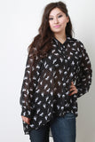 Horse Print Collar Button Up Long Cuff Sleeves High Low Top